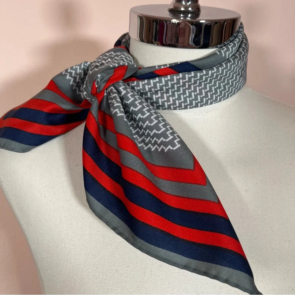Vintage 1970 Mod Red Grey Art deco Geometric Striped Nautical  Square Scarf
